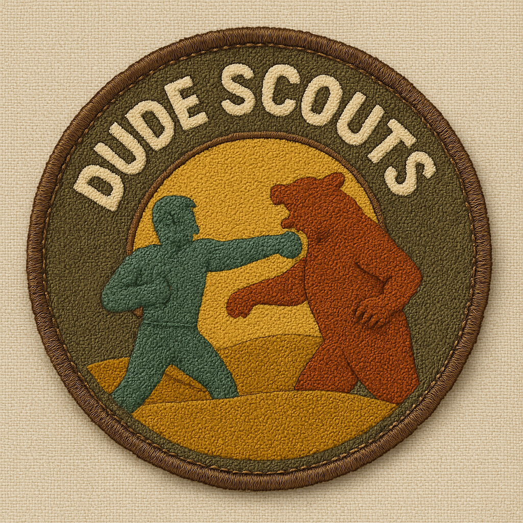 Silhouetted man throwing a punch at a towering bear.